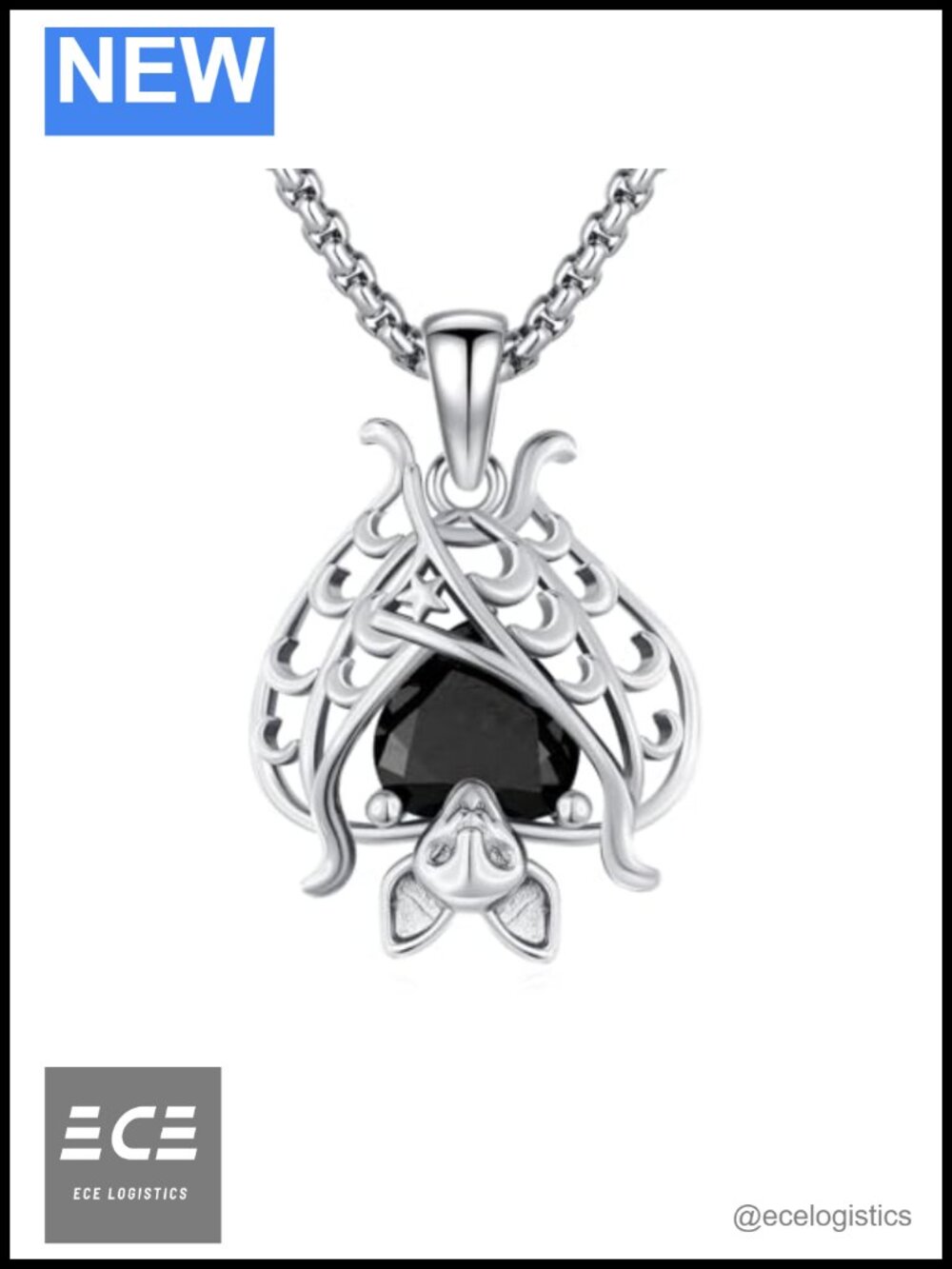 925 Sterling Silver Gothic Bat Pendant Necklace Heart CZ Adjustable